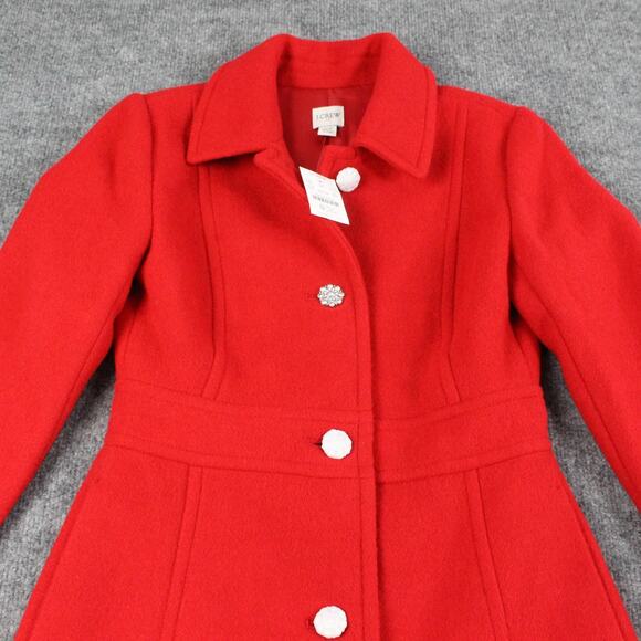 J Crew Coat Womens 00P Lady Day Jeweled Button Wood Blend Red Dress Long Peacoat - Picture 6 of 14
